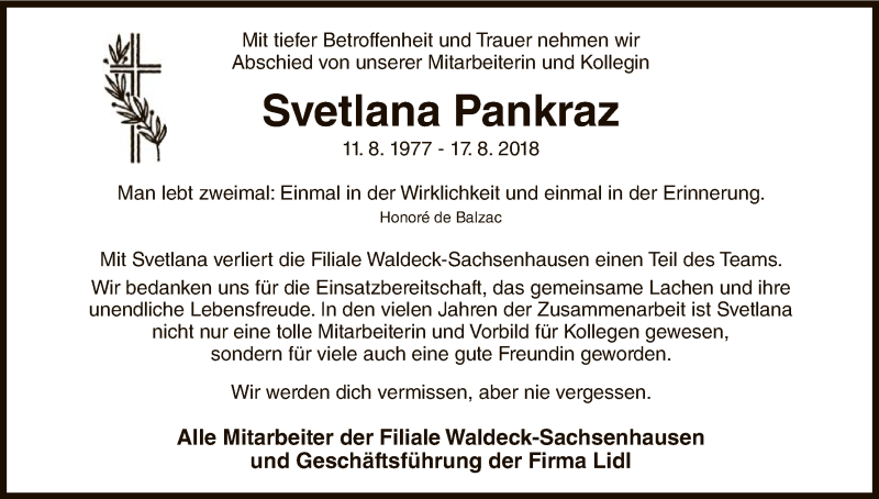  Traueranzeige für Svetlana Pankraz vom 25.08.2018 aus WLZ