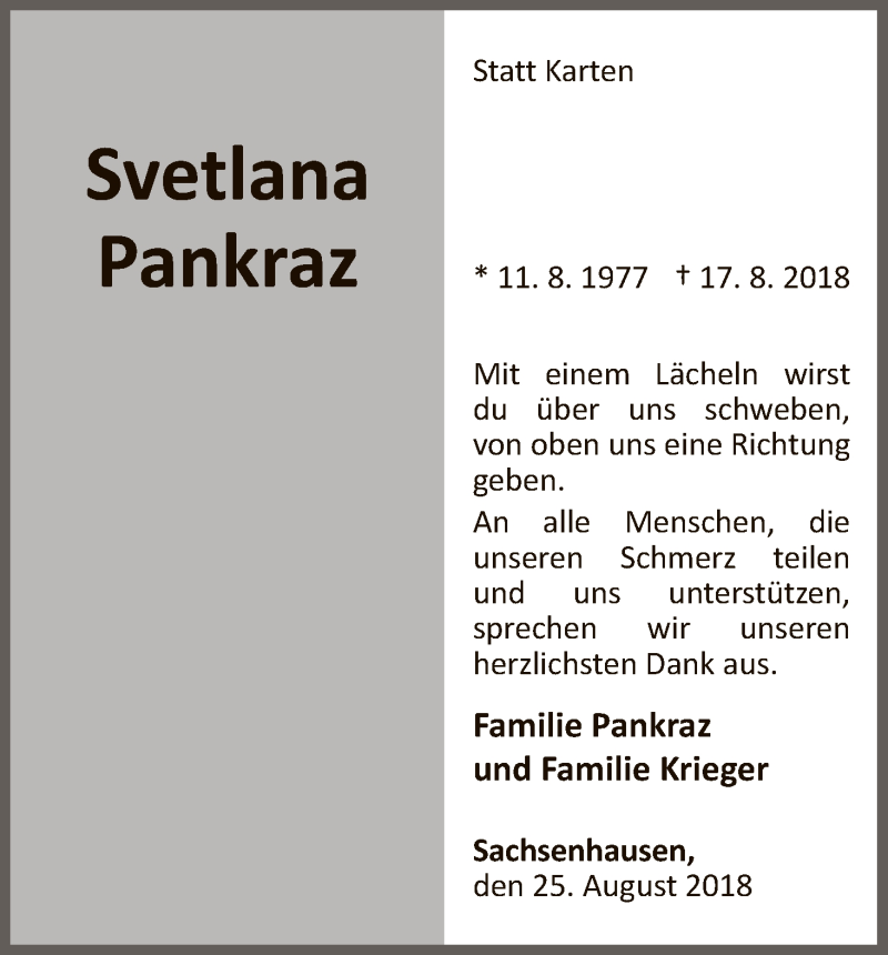  Traueranzeige für Svetlana Pankraz vom 25.08.2018 aus WLZ