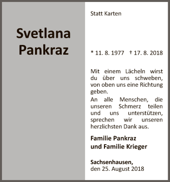 Traueranzeige von Svetlana Pankraz von WLZ