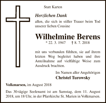 Traueranzeige von Wilhelmine Berens von WLZ