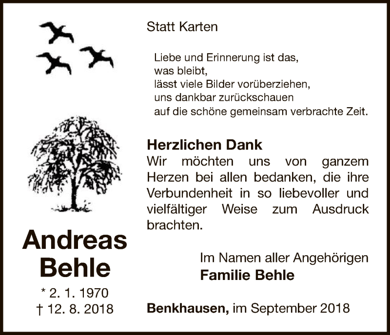  Traueranzeige für Andreas Behle vom 22.09.2018 aus WLZ