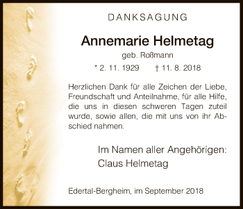 Traueranzeige von Annemarie Helmetag von WLZ