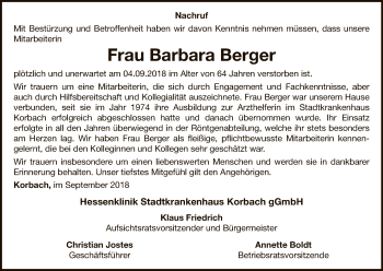 Traueranzeige von Barbara Berger von WLZ