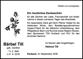 Traueranzeige von Bärbel Till von WLZ