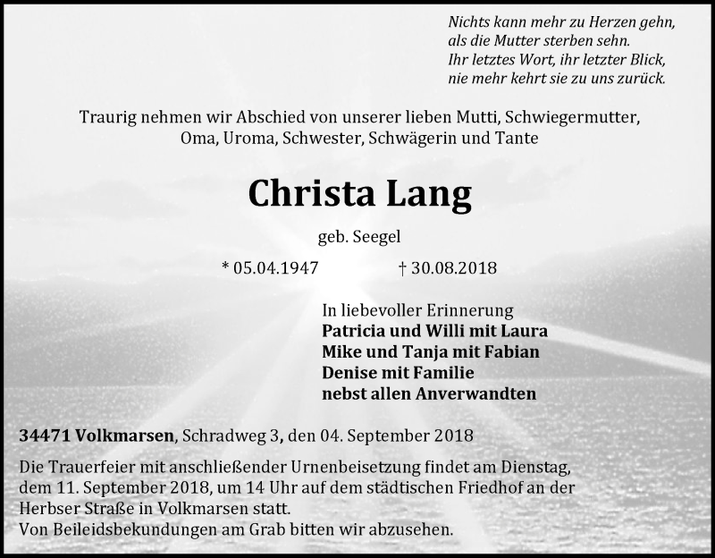  Traueranzeige für Christa Lang vom 04.09.2018 aus WLZ