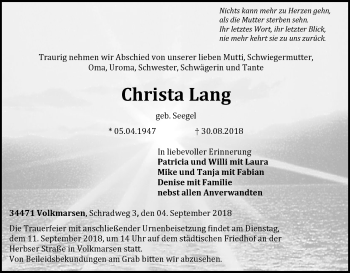 Traueranzeige von Christa Lang von WLZ