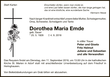 Traueranzeige von Dorothea Maria Emde von WLZ