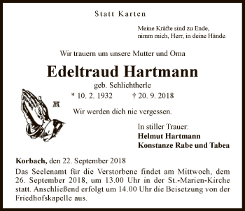 Traueranzeige von Edeltraud Hartmann von WLZ