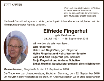 Traueranzeige von Elfriede Fingerhut von WLZ