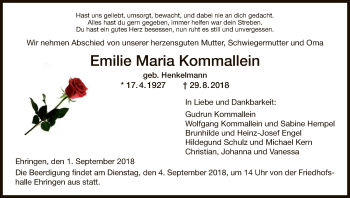 Traueranzeige von Emilie Maria Kommallein von WLZ