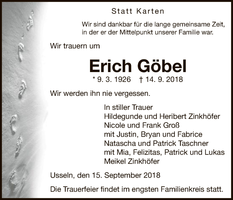  Traueranzeige für Erich Göbel vom 15.09.2018 aus WLZ