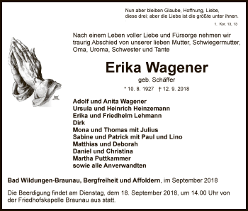 Traueranzeige von Erika Wagener von WLZ