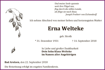 Traueranzeige von Erna Welteke von WLZ