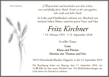 Traueranzeige von Fritz Kirchner von WLZ