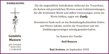 Traueranzeige von Gundela Mansen von WLZ