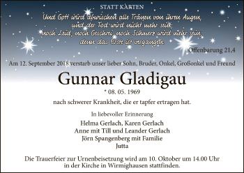 Traueranzeige von Gunnar Gladigau von WLZ