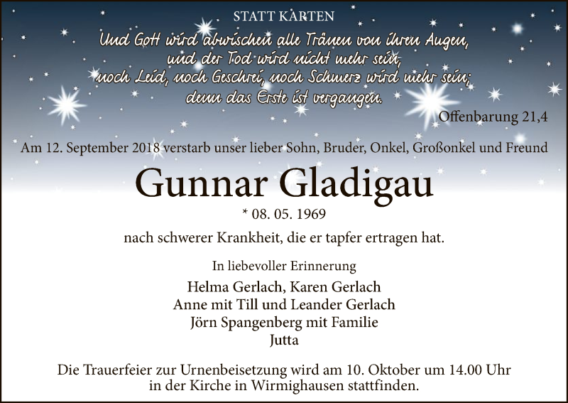  Traueranzeige für Gunnar Gladigau vom 18.09.2018 aus WLZ