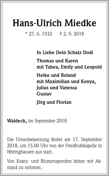 Traueranzeige von Hans-Ulrich Miedke von WLZ