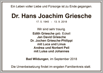 Traueranzeige von Hans Joachim Griesche von WLZ