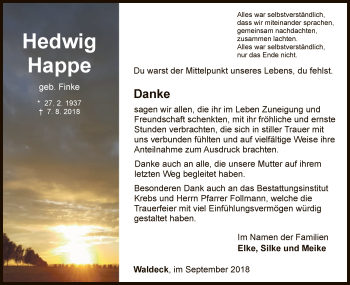 Traueranzeige von Hedwig Happe von WLZ