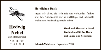 Traueranzeige von Hedwig Nebel von WLZ