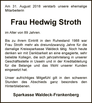 Traueranzeige von Hedwig Stroth von WLZ