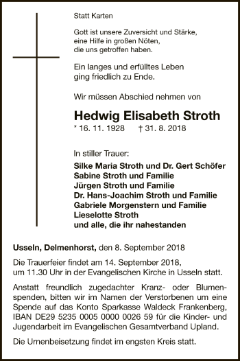 Traueranzeige von Hedwig Elisabeth Stroth von WLZ