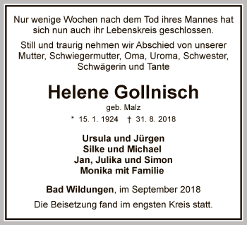 Traueranzeige von Helene Gollnisch von WLZ