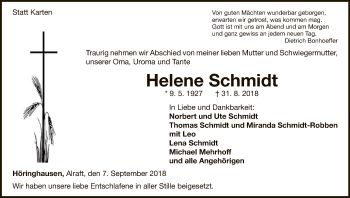 Traueranzeige von Helene Schmidt von WLZ