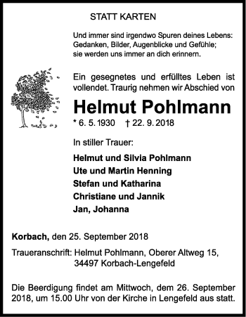 Traueranzeige von Helmut Pohlmann von WLZ