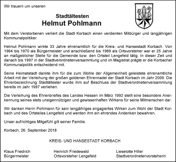 Traueranzeige von Helmut Pohlmann von WLZ