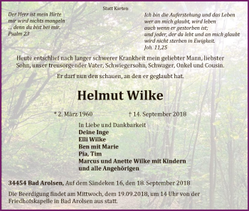 Traueranzeige von Helmut Wilke von WLZ