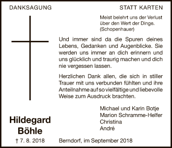 Traueranzeige von Hildegard Böhle von WLZ