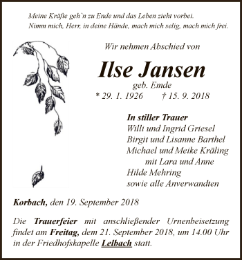 Traueranzeige von Ilse Jansen von WLZ