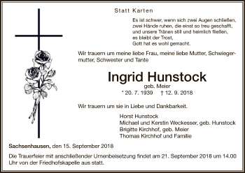Traueranzeige von Ingrid Hunstock von WLZ