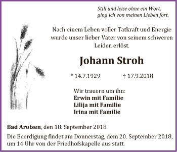 Traueranzeige von Johann Stroh von WLZ