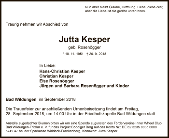 Traueranzeige von Jutta Kesper von WLZ