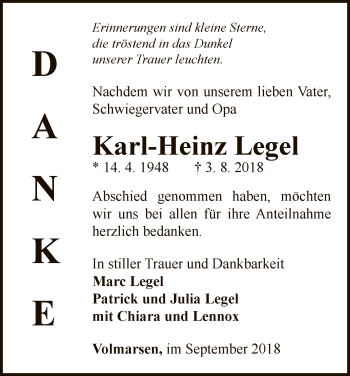 Traueranzeige von Karl-Heinz Legel von WLZ