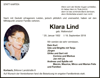 Traueranzeige von Klara Lind von WLZ