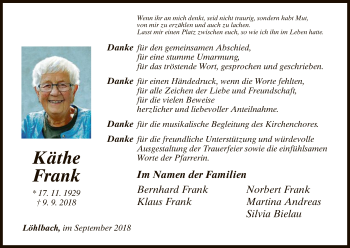 Traueranzeige von Käthe Frank von WLZ