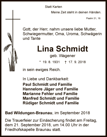 Traueranzeige von Lina Schmidt von WLZ