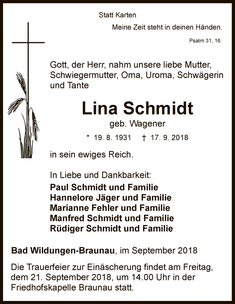  Traueranzeige für Lina Schmidt vom 19.09.2018 aus WLZ