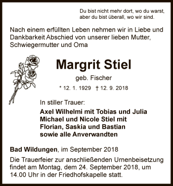 Traueranzeige von Margrit Stiel von WLZ