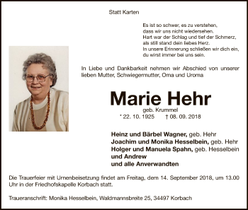 Traueranzeige von Marie Hehr von WLZ