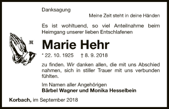 Traueranzeige von Marie Hehr von WLZ