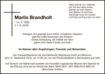 Traueranzeige von Marlis Brandholt von WLZ