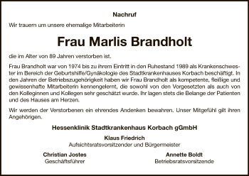 Traueranzeige von Marlis Brandholt von WLZ