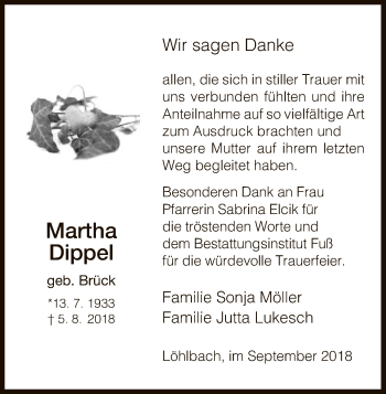 Traueranzeige von Martha Dippel von WLZ