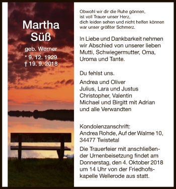 Traueranzeige von Martha Süß von WLZ