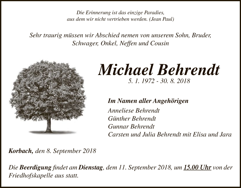  Traueranzeige für Michael Behrendt vom 08.09.2018 aus WLZ